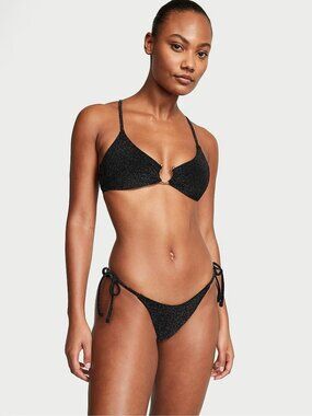 Victoria's Secret Shimmer Side Tie Brazilian Bikini Bottom Black M NWT